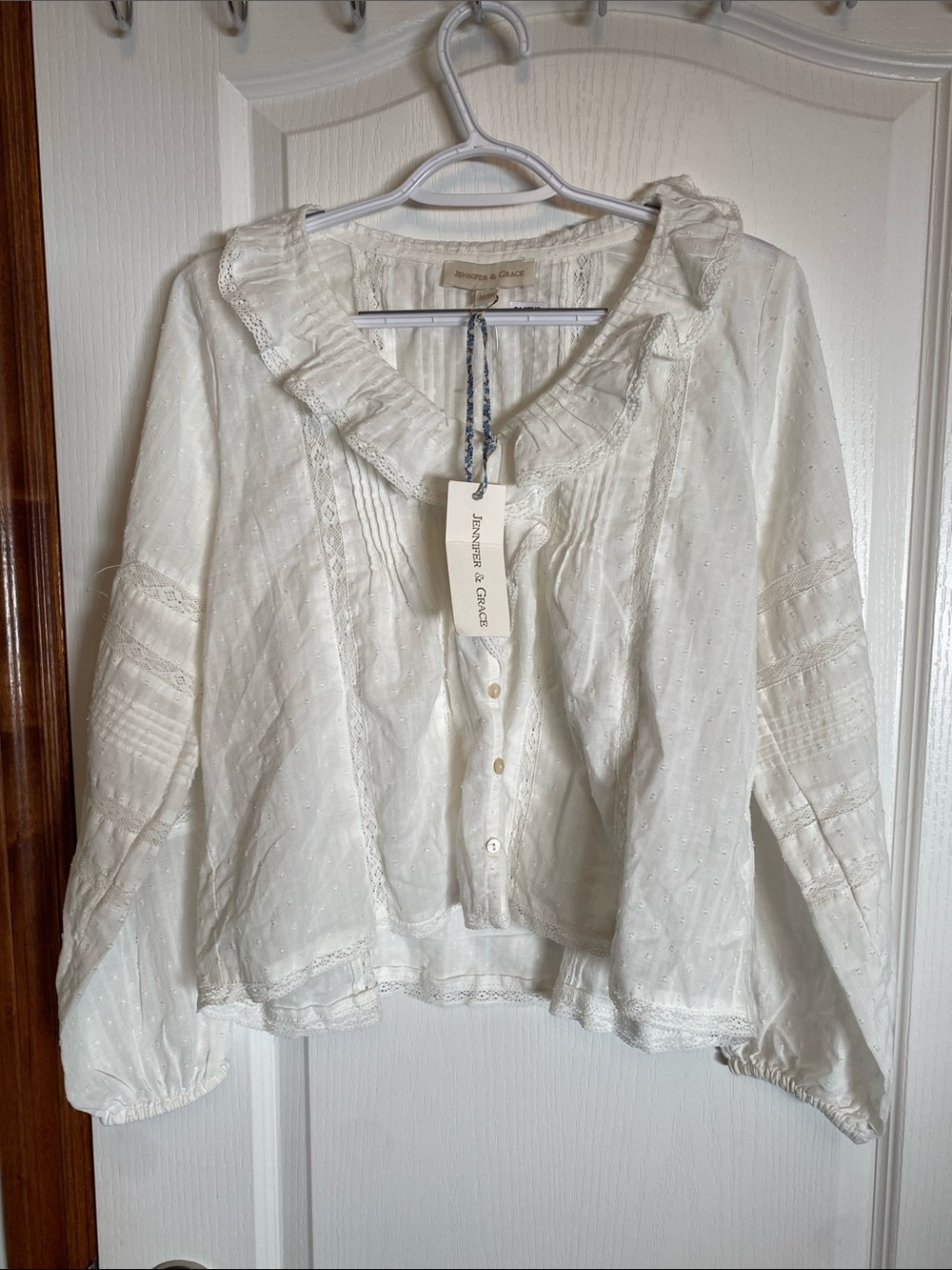 Women’s White Ruffled Button-Front Blouse by Jennifer & Grace